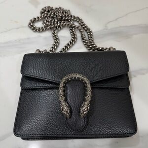 Gucci Black Leather Dionysus Medium Crossbody Bag with Silver Chain